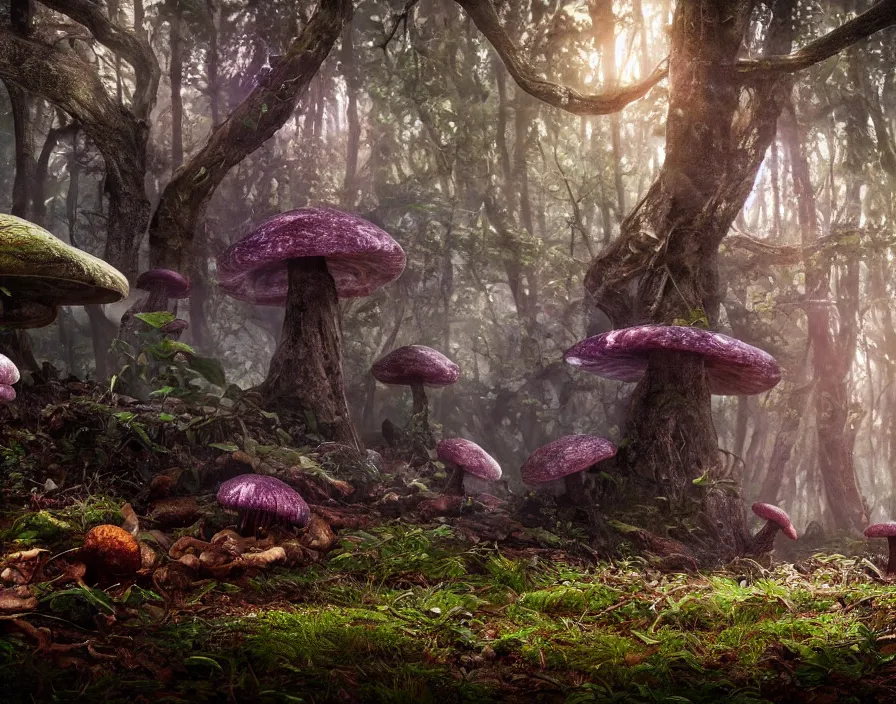 Image similar to eldritch mushrooms in forest, realistic, beautiful texture, beautiful graphics, fantasy artwork, very beautiful scenery, hd, hdr, ue 5, ue 6, unreal engine 5, cinematic 4 k wallpaper, 8 k, ultra detailed