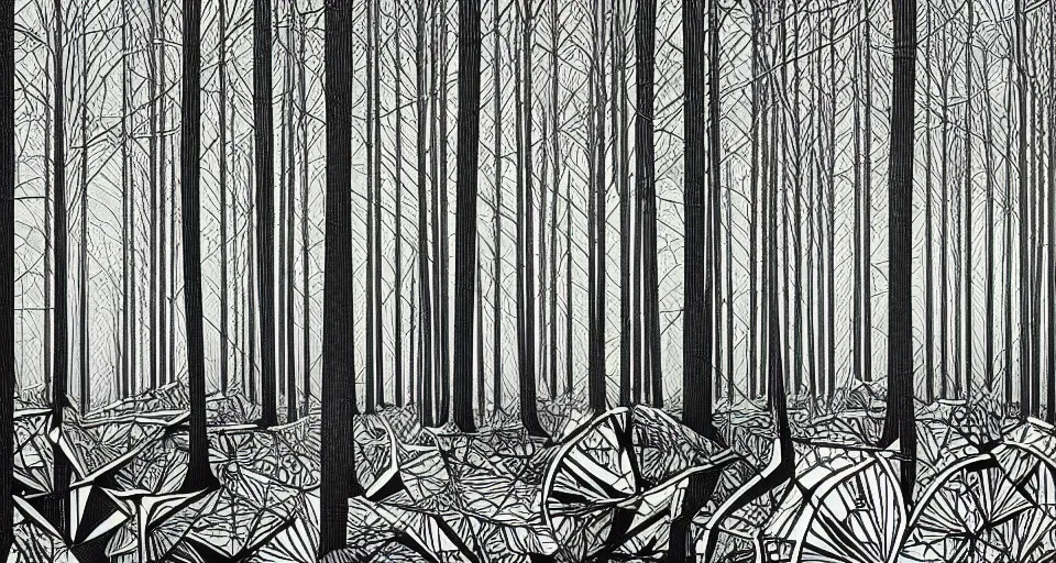 Image similar to geometric art, detailed matte illustration, geometric art by robert h hudson, detailed illustration of large factory in a beautiful forest and undergrowth