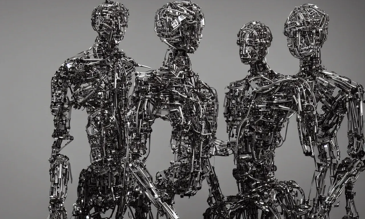 Image similar to a movie with humanoid robots made of intricate metal parts