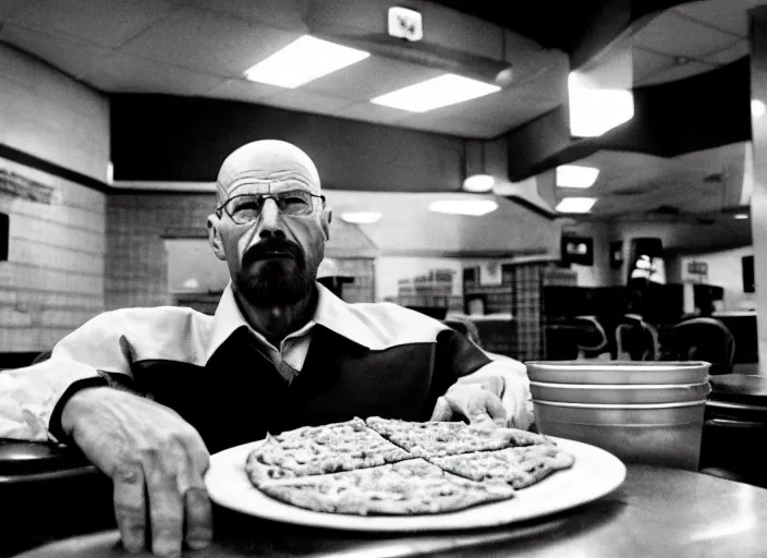 Prompt: cinematic portrait of walter white eating pizza at chuck - e - cheese, with sloppy cheesy sauce getting slopped up all over the place, dramatic lighting, moody film still from breaking bad ( 2 0 1 6 ), 3 5 mm kodak color stock, detailed face, 2 4 mm lens, directed by spike jonze, ecktochrome