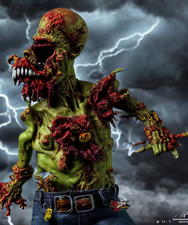 Image similar to hyperrealistic rendering, epic boss battle, punk rock zombie, by art of skinner and richard corben, product photography, collectible action figure, sofubi, hottoys, storm clouds, outside, lightning