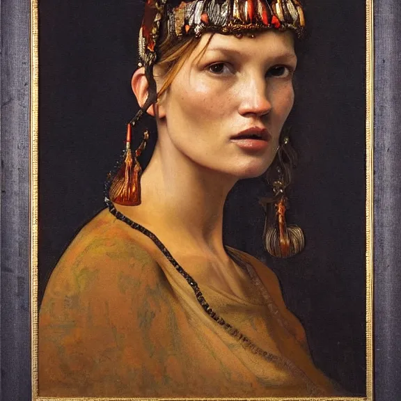 Image similar to Kate moss by Annie Swynnerton and Nicholas Roerich and Vermeer, strong dramatic cinematic lighting, ornate headdress, lost civilizations, smooth, sharp focus, extremely detailed