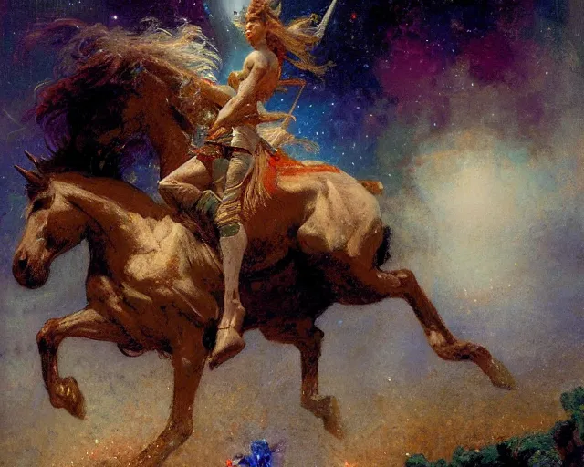 Prompt: rider on a unicorn through the dark, painting by gaston bussiere, craig mullins, j. c. leyendecker