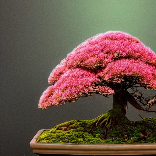 Image similar to A picture of a planet of various flowers, fungus and plants, Bonsai , in which the human figure is dressed in something magical and impressive, inside the picture is infinity, muted light, BotanicalAtmospheric phenomenon, artistic photography, muted colors, conceptual, Kodachrome