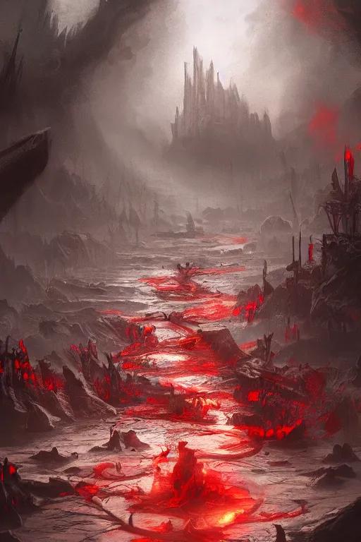 Prompt: bloody river in hell, trending on artstation