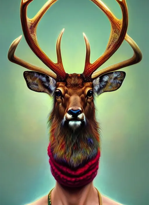Prompt: symmetry!! portrait of antlered deer wearing a colorful beanie!, gold piercings, intricate, elegant, highly detailed, digital painting, artstation, concept art, smooth, sharp focus, illustration, art by artgerm and greg rutkowski and alphonse mucha, 8 k