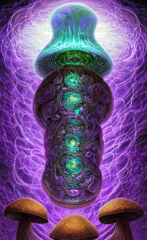 Image similar to enormous mushroom deity of the stars resides inside void manifold, mycelium forms quantum foam, fractal of scary dirac equations, portrait by ross tran, timeline nexus, ascending universes, a dnd illustration of esoteric concept by cgsociety and james gurney, artstation, hdr, rtx, iridescent wise mushroom deity