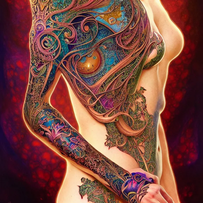 Image similar to psychedelic mushroom tattoo sleeve design, diffuse lighting, fantasy, intricate, elegant, highly detailed, lifelike, photorealistic, digital painting, artstation, illustration, concept art, smooth, sharp focus, art by John Collier and Albert Aublet and Krenz Cushart and Artem Demura and Alphonse Mucha