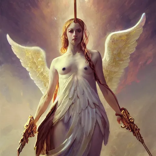 Image similar to angelic humanoid with wings on its back and an upside-down marble head holding a golden spear, digital art, by Fernanda Suarez and and Edgar Maxence and greg rutkowski