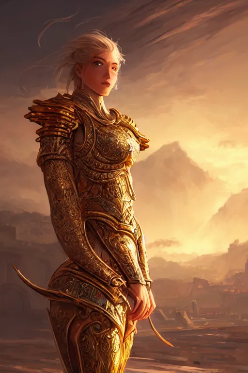 Image similar to portrait knights of zodiac girl, golden and copper shining armor, karate pose in ruined agora of athens sunrise, ssci - fi and fantasy, intricate and very very beautiful and elegant, highly detailed, digital painting, artstation, concept art, smooth and sharp focus, illustration, art by tian zi and wlop and z - - ed