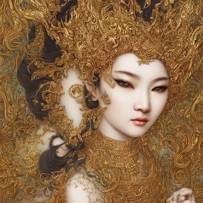 Image similar to amazing exquisite matte painting, close - up portrait of a chinese white loong, sacred,, shimmer, exquisite detail huge details, gold detailed line work, by xision and yukii morita,, james jean, trending on artstation