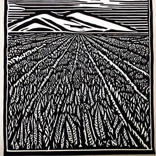 Image similar to intricate, detailed, Linocut Art on paper of fields of wheat and canadian mountains. Epic Latin American Linocut. Art by leopoldo mendez