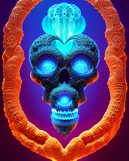 Image similar to 3 d ornate carved water heart, sigma 5 0 0 mm f / 5. global illumination beautiful intricate highly detailed quetzalcoatl skull. bioluminescent, plasma, lava, ice, water, wind, creature, thunderstorm! artwork by tooth wu and wlop and beeple and greg rutkowski, 8 k trending on artstation