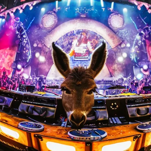 Image similar to A DJ donkey on the tomorrowland stage, 8k, hyper-detailed