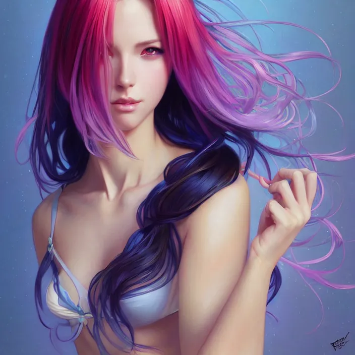 Image similar to full body portrait, a beautiful symmetrical gorgeous anime girl, rainbow hair, attractive, casual, modern, victoria's secret, highly detailed, digital painting, artstation, concept art, smooth, sharp focus, illustration, art by artgerm, greg rutkowski and alphonse mucha, 8 k,