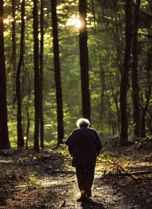 Image similar to a 3 5 mm photo from the back of a senior citizen walking in the woods, splash art, movie still, bokeh, canon 5 0 mm, cinematic lighting, dramatic, film, photography, golden hour, depth of field, award - winning, anamorphic lens flare, 8 k, hyper detailed, 3 5 mm film grain