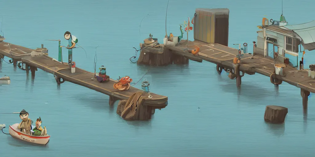 Prompt: cute cartoon monsters fishing on a pier by Goro Fujita and Simon Stalenhag , 8k, trending on artstation, hyper detailed, cinematic