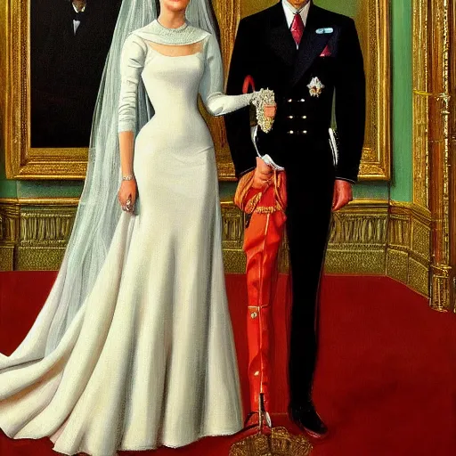 Image similar to detailed painting of prince william marrying american popstar miley cyrus, happy couple, official portrait, national portrait gallery, oil on canvas, painting