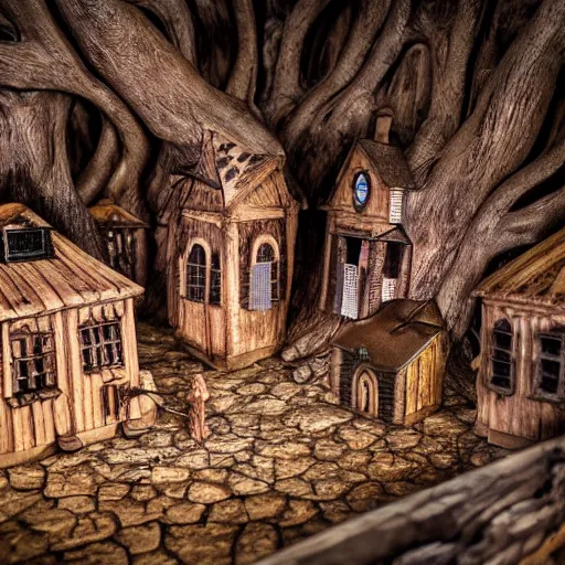 Image similar to miniature Renaissance village inside of a carved out giant oak tree, ultrarealistic, cinematic, highly detailed, dramatic lighting, award winning photography, 8k