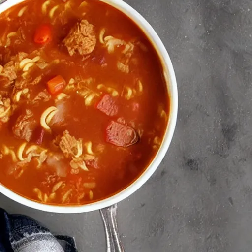 Image similar to emma watson inside a goulash soup bowl