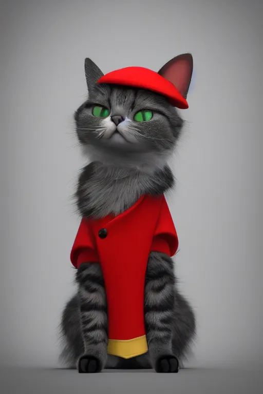 Image similar to a cat wearing a red and green formal overcoat, hyperrealistic, concept art, octane render, unreal engine 5, realistic and defined face, profile picture, digital art, pixar and disney, symmetrical, high quality, highly detailed, high coherence, path traced, house background, low contrast, beautiful