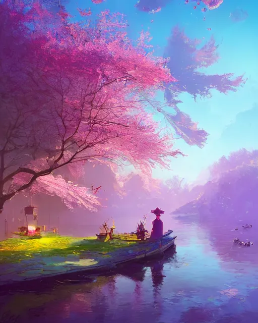 Image similar to a small fishing village on the river | cherry - blossoms | highly detailed | very intricate | serene romantic fantasy whimsical magical | soft bright natural morning light | pixar | award - winning | matte painting by anton fadeev and paul lehr and rhads and alena aenami | pastel color palette | featured on artstation
