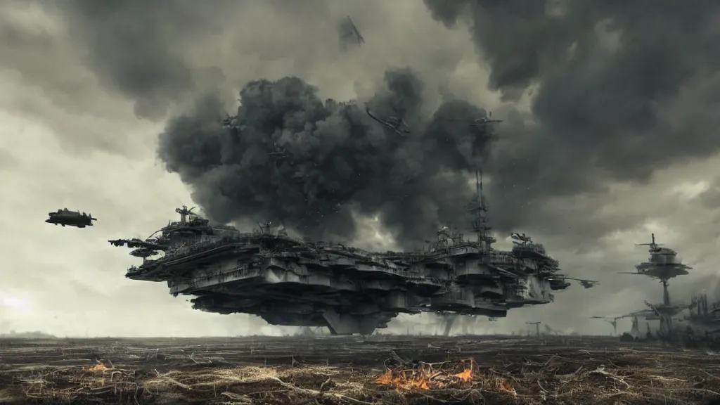 Image similar to an immense steampunk aircraft carrier crashed and burning in a field, thick black smoke billowing, turbulent storm clouds, dystopian, sharp focus, octane render, imax