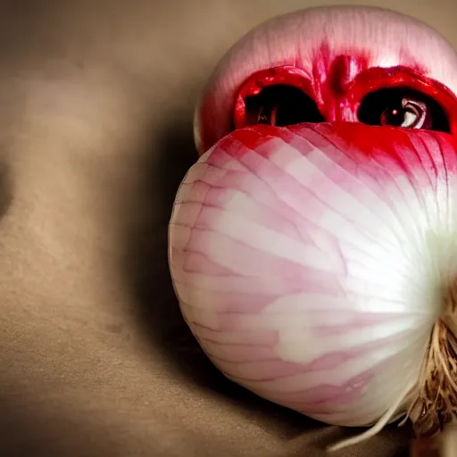 Prompt: sad onion with realistic human eyes crying blood in , dark surrealism