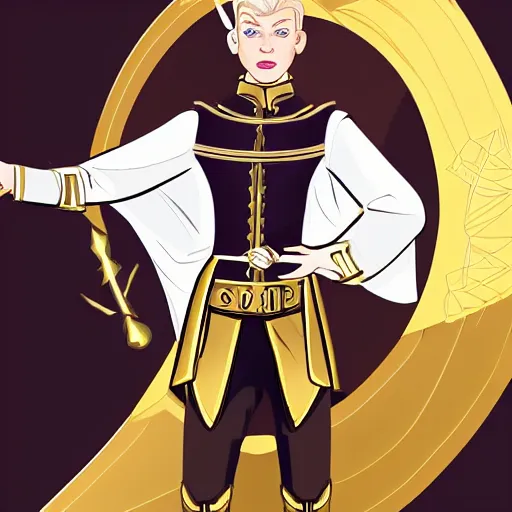 Image similar to character concept art of stoic heroic emotionless handsome blond butch tomboy woman with very short slicked-back hair, in princely white and gold masculine satin uniform with gold cape and boots, romantic, science fiction, atompunk, illustration