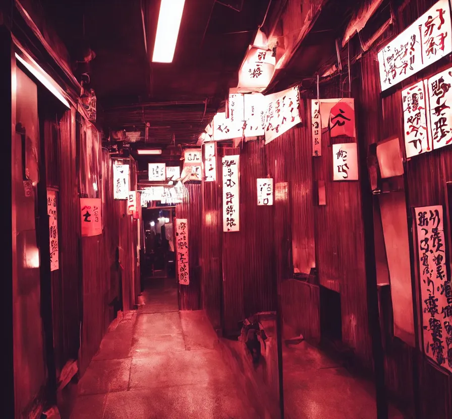 Image similar to spooky photo of a dark infinite hallway of a japanese izakaya with open lit doorways all the way down, dramatic lighting, smoke, ceiling fluorescent lighting, black and red colour palette
