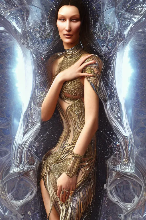 Image similar to a highly detailed portrait of a beautiful ancient alien matrix woman goddess bella hadid in iris van herpen dress in diamonds and fractals in style of alphonse mucha art nuvo dmt trending on artstation made in unreal engine 4