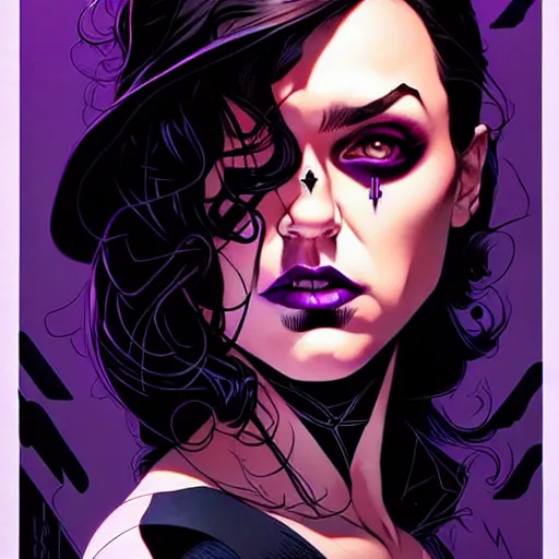 Image similar to rafael albuquerque comic cover art, artgerm, joshua middleton, pretty stella maeve witch doing black magic, serious look, purple dress, symmetrical eyes, symmetrical face, long black hair, twisted evil dark forest in the background, cool colors