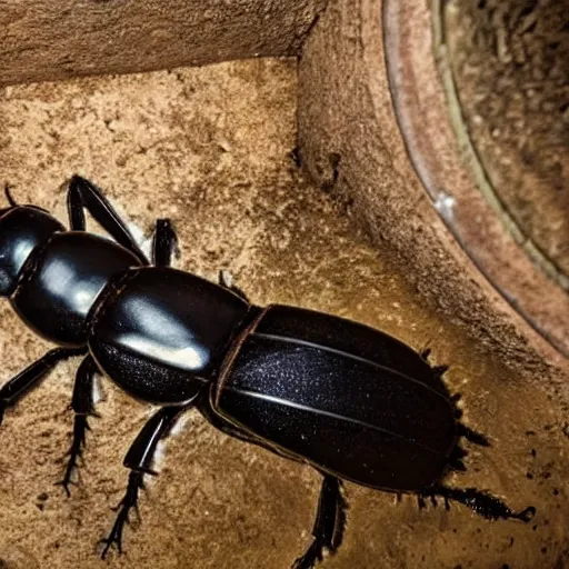 Prompt: photograph of a giant boring beetle destroying a wine cellar