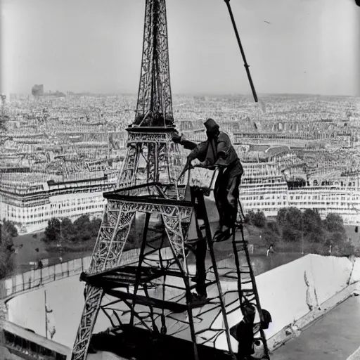 Image similar to workers renovating a gruyère cheese made Eiffel tower, Paris in the background