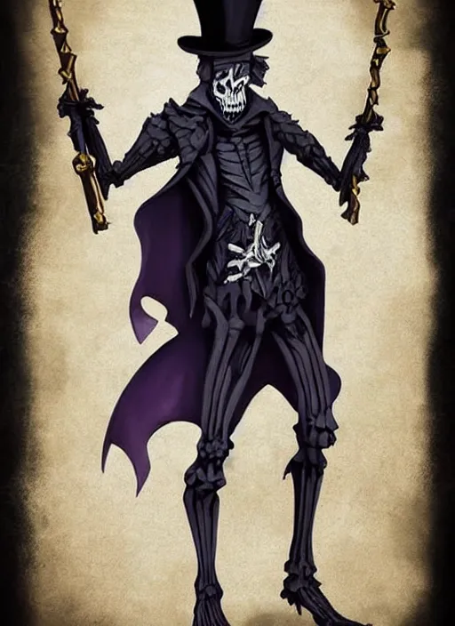 Image similar to DND character art, skeletal male figure, wearing a deep black suit!!! and tie and top hat, holding a gold! cane!, blue flames!!