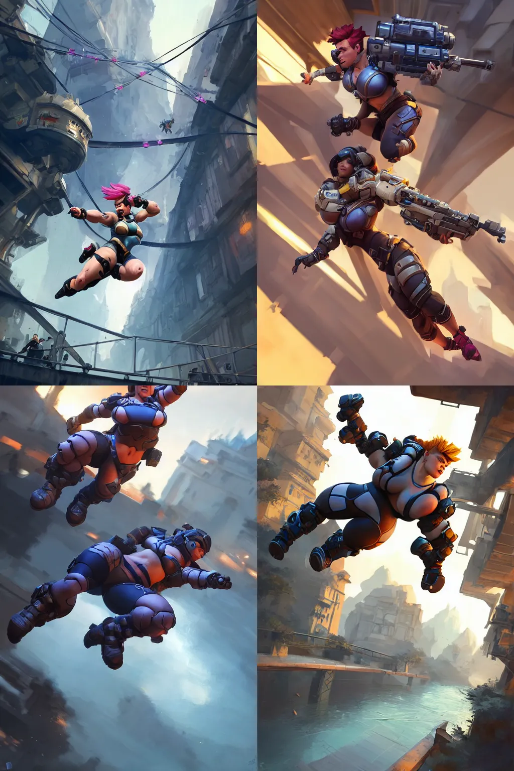 Prompt: zarya from overwatch jumping from a tall bridge into action, low angle, detailed, realistic, dynamic lighting, elaborate scene, by craig mullins, artstation, splash art