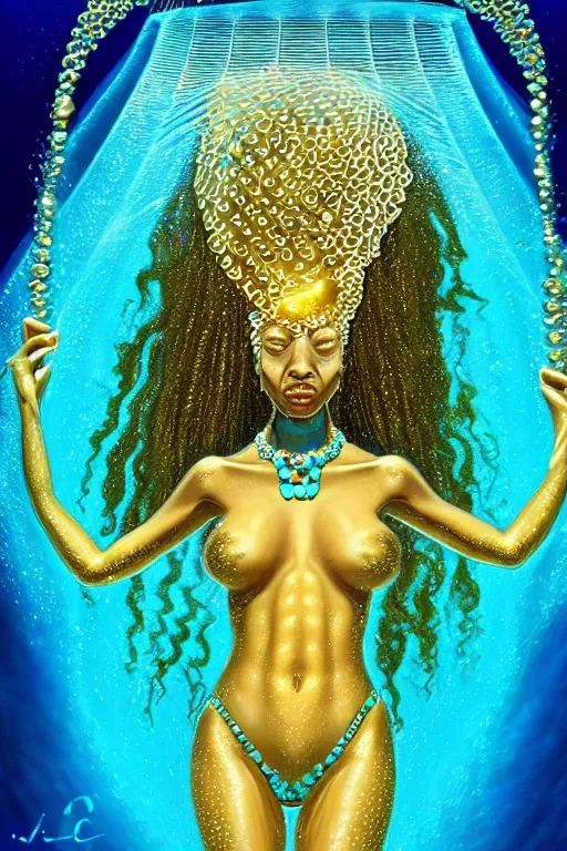 Prompt: hyperrealistic futurist full body cinematic very expressive! translucent oshun goddess underwater scene, gold jewerly, highly detailed face, digital art masterpiece, smooth eric zener cam de leon, dramatic pearlescent turquoise light on one side, low angle uhd 8 k, shallow depth of field