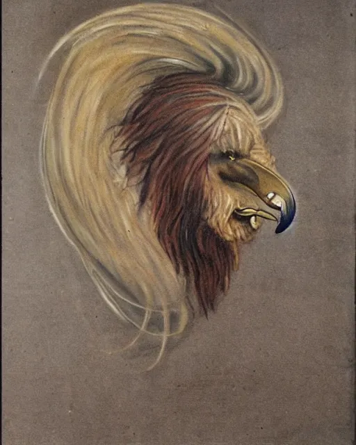 Image similar to human / eagle / lion / ox hybrid with two horns, one big beak, mane, human body. drawn by francis bacon