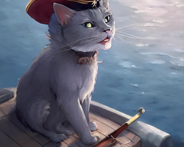 Prompt: a Russian Blue cat pirate on her boat, sitting down, captain hat, proud, cat pirate crew, ocean. By Makoto Shinkai, Stanley Artgerm Lau, WLOP, Rossdraws, James Jean, Andrei Riabovitchev, Marc Simonetti, krenz cushart, Sakimichan, trending on ArtStation, digital art.