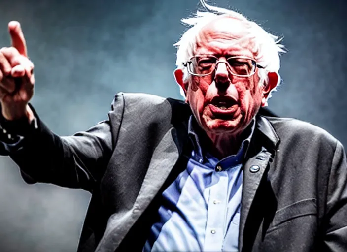 Image similar to publicity photo still of bernie sanders in a death metal band playing live on stage, 8 k, live concert lighting, mid shot