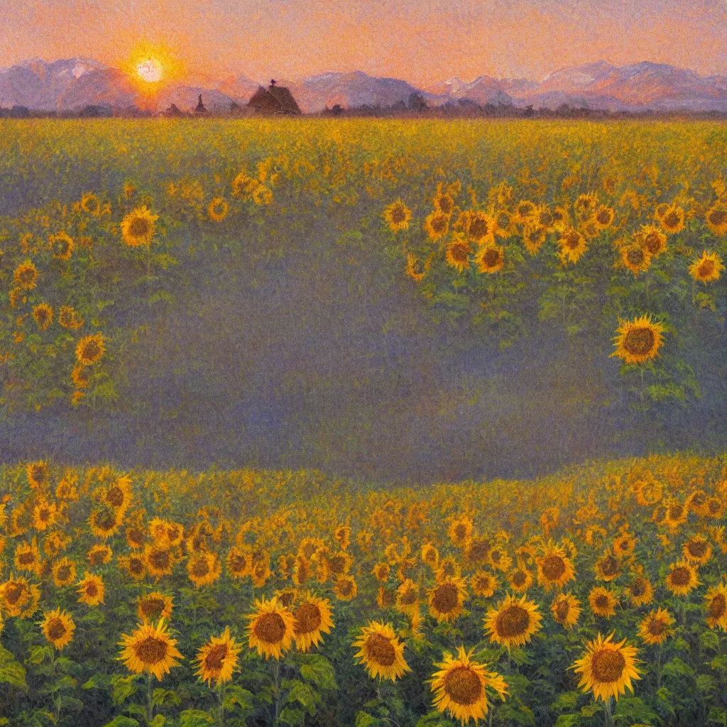 Image similar to impressionism painting of a field of sunflower on a foggy morning, red barn in distance, sun low on horizon through snow capped mountains, soft light