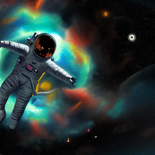 Image similar to astronaut falling into a psychedelic black hole, digital painting, trending on artstation, DeviantArt, 8k resolution, cosmic, trippy