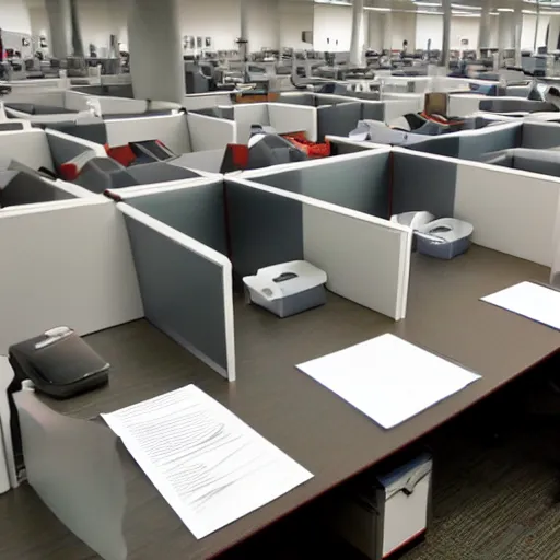 Image similar to cubicle full of stacks of papers