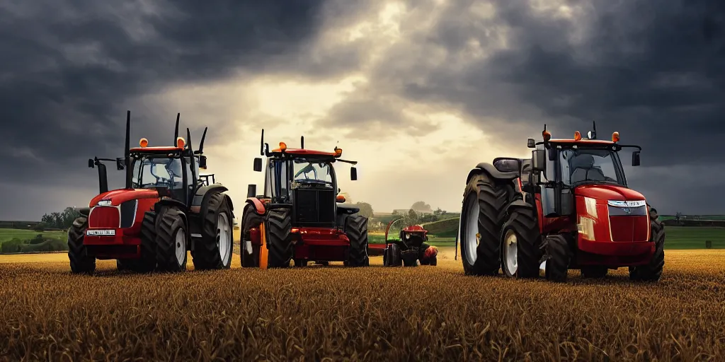 Prompt: a beautiful commercial photograph of dutch farmers in their tractors with four wheels, protesting on the highway, dramatic lighting, octane render, 4 k, hdr