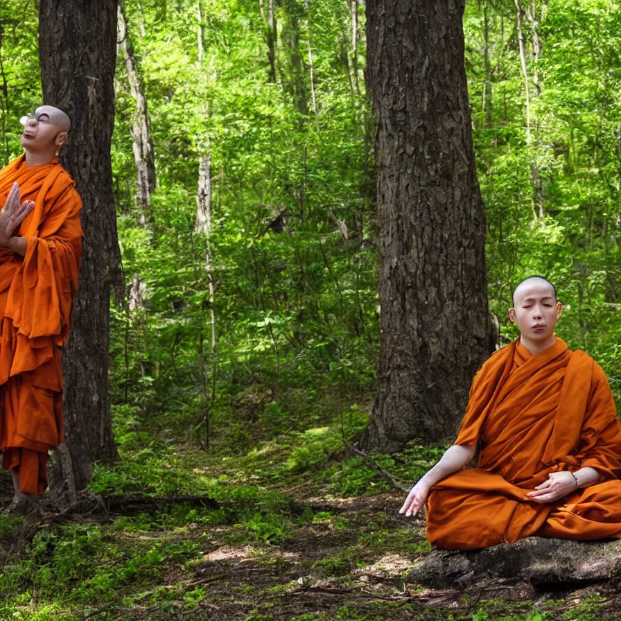 Image similar to a technobudist monk with a high-tech headset meditating in a forest