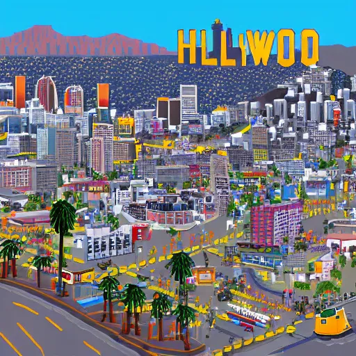 Prompt: Los Angeles in sim city with Hollywood sign, highly detailed, pixel art