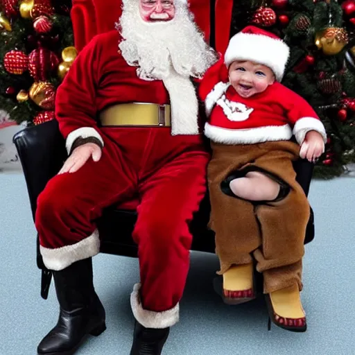 Image similar to baby groot sitting on a mall santas lap