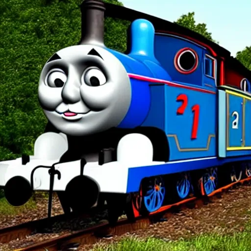 Prompt: thomas the tank engine, uncanny horror, caught on hand cam, scary