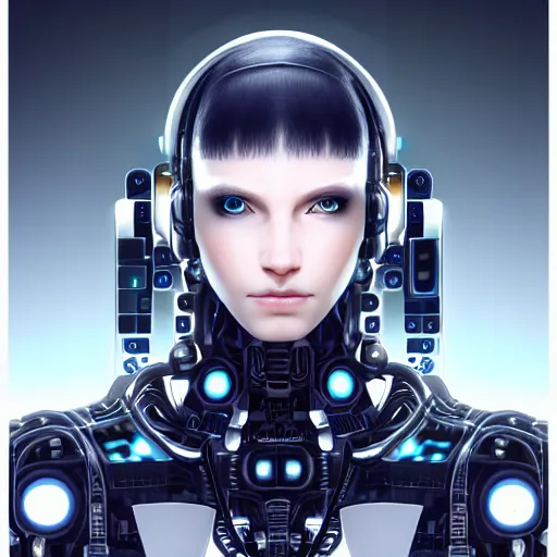 Image similar to centered portrait of an ultra detailed Mechanical Cyberpunk Female Android, looking into the camera!!, intricate, elegant, super highly detailed, professional digital painting, artstation, concept art, smooth, sharp focus, no blur, no dof, extreme illustration, Unreal Engine 5, Photorealism, 8k, cinematic, art by artgerm and greg rutkowski and alphonse mucha and loish and WLOP