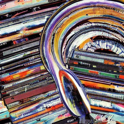 Prompt: piles of vhs tapes melting, 1970s airbrush art